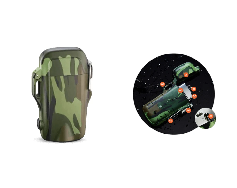 CamoLighter Dual-Arc Electric Plasma Lighter with camouflage shell and glowing plasma beam
